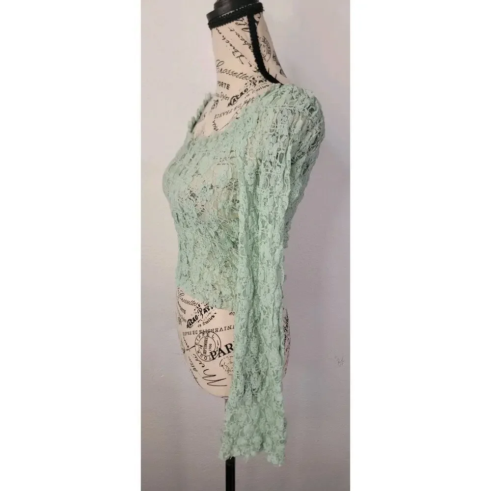 Free People FP One Madison Top Sz S Smocked Lace Sheer Hook-Front Bell Sleeve